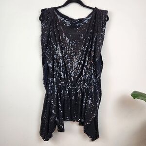 Free People L Sequin Top Tunic Black Flutter Sleeves Keyhole Flow Oversized